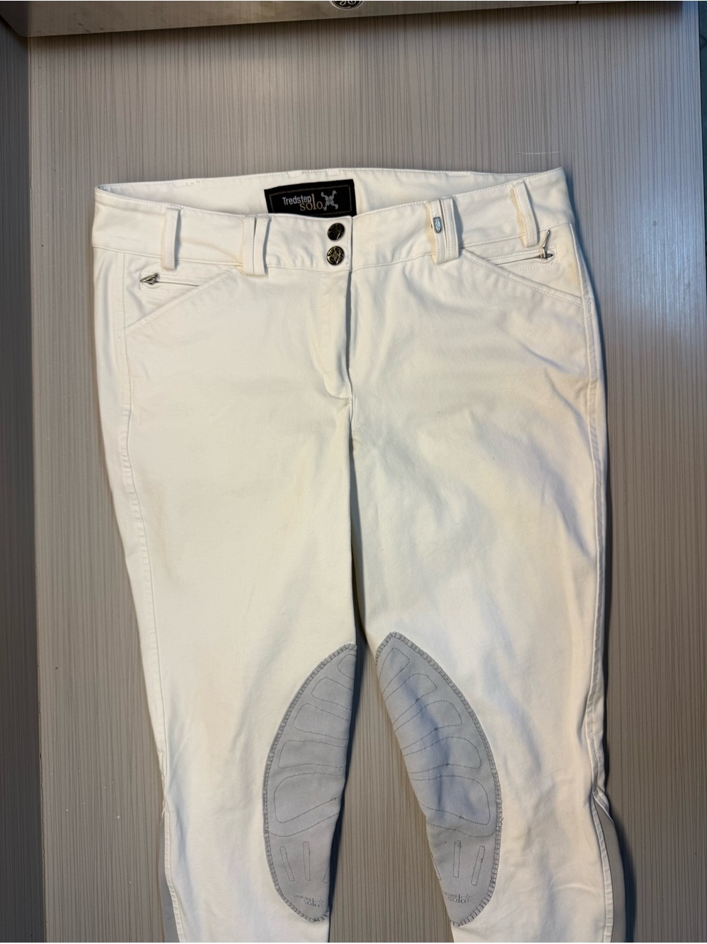 Tredstep Solo White Riding Equestrian Breeches with Gray Knee Patches